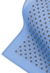 Jasnoniebieski szalik z wzorem w kratkę z brązowymi kwadratami i małymi białymi kwiatkami. Miękka, gładka tekstura z czystymi krawędziami.