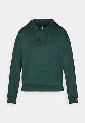 Grønn hettegenser laget av myk stoff, med snøring i hetten, lange ermer og en avslappet passform. Glatt tekstur med ribbede mansjetter.