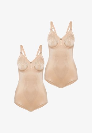 Zwei beigen Figurformende Bodysuits mit verstellbaren Trägern, Spitzendetails an den Cups und dekorativen Nähten an der Vorderseite.