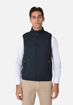 Gilet senza maniche blu navy con chiusura a zip, due tasche laterali e zip arancioni, realizzato in tessuto leggero e liscio.