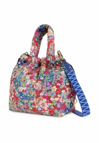 Multikleurige bloemenhandtas met eenGathered top, twee korte handvatten en een blauwe gevlochten riem. Heeft logo-detail en levendige prints.