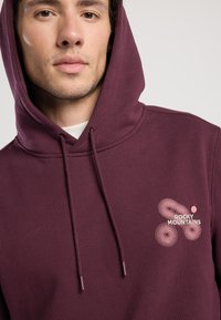 Bordeauxfarbener Hoodie mit Kordelzug, der ein kreisförmiges Muster sowie den Text "ROCKY MOUNTAINS" in kontrastierender Farbe auf der Vorderseite zeigt.