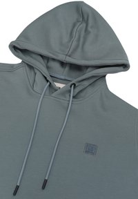 Lichtgroene hoodie met een voorzak, trekkoorden en een klein logo patch. Gladde textuur met een aansluitende capuchon en ribgebreide manchetten.