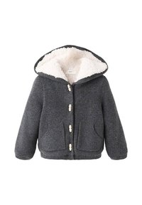 Szara dzianinowa kurtka z białym kapturem podszytym polarem, z przodu zapinana na guziki i z dwiema kieszeniami z przodu. Miękka faktura, casualowy design, ciepła i wygodna.