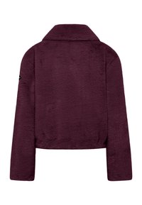 Bordowy krótkie kurtka z pluszowego, puszystego materiału z wyciętym kołnierzem i długimi rękawami. Posiada naszywkę z logo na lewej rękawie.