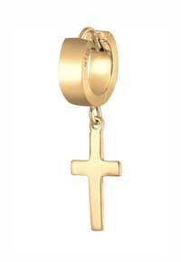 Orecchino a cerchio d'oro con finitura lucida, caratterizzato da un ciondolo a croce pendente. La croce ha un design piatto e una superficie semplice, non decorata.