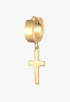 Boucle d'oreille en or avec une finition polie, dotée d'un pendentif en forme de croix suspendu. La croix a un design plat et une surface simple, sans embellissement.