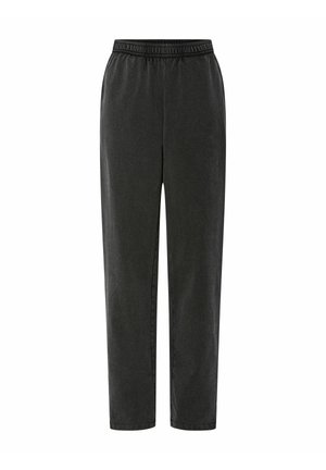 Pantalones negros ajustados con cintura elástica, hechos de una tela suave, con costuras laterales y una textura lisa. Sin patrones o acentos visibles.