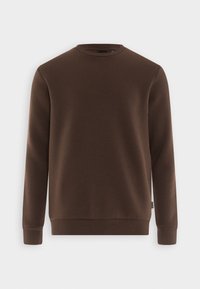Sudadera marrón con mangas largas, escote redondo y puños acanalados. Fabricada con un material suave y texturizado. Diseño sencillo y sólido sin patrones.