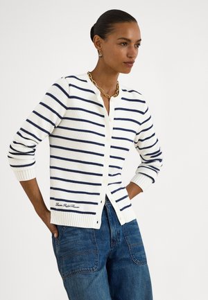 STRIPED COTTON CARDIGAN - Cardigan - white/refined navy
