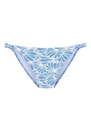 Modré bikini nohavičky s bielym kvetinovým vzorom a zdvojenými bočnými remienkami, s malou kovovou značkou na pravej strane.