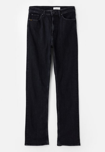 Tumed pesu teksased sirge lõikega, viie taskuga disain ja klassikaline vöökoht. Õmblustega detailid. Ilma nähtava brändita.