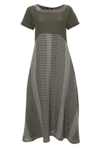 Robe midi à manches courtes avec haut texturé olive et jupe à carreaux gris et blanc, avec un col arrondi et une silhouette en A.