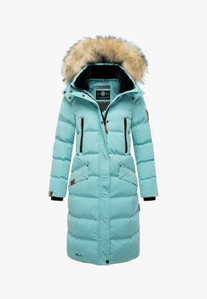 Gaiši zils pūšamā jaka ar kažokādas apdari ap kapuci, ar rāvējslēdzēja priekšpusi, divām priekšējām kabatām un ribotām aprocēm, pie apakšmalas ir logotips.