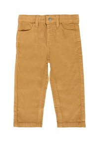 Pantaloni in corduroy color tan con design a cinque tasche, chiusura frontale con bottone, vestibilità dritta e texture a coste visibile sul tessuto.