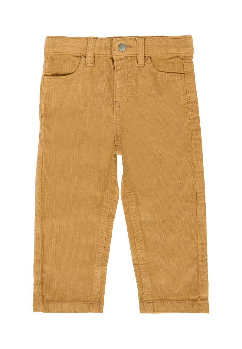 Pantaloni in corduroy color tan con design a cinque tasche, chiusura frontale con bottone, vestibilità dritta e texture a coste visibile sul tessuto.