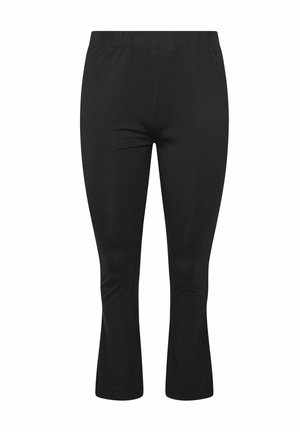 Pantalones ajustados negros con un ligero vuelo en el dobladillo y una cintura elástica, mostrados sobre un fondo blanco.