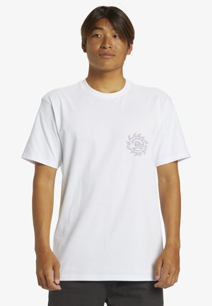 White cotton T-shirt with short sleeves, circular graphic logo in gray on the left chest, and a classic crew neckline.