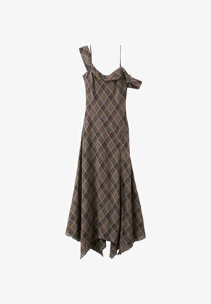 Bruin en zwart geruit asymmetrische jurk met één mouw die van de schouder valt en één bandje, uitlopende, zakdoekachtige zoom, hangend aan een dun koord.