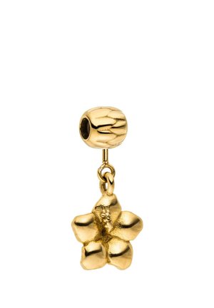 Goldfarbener Metallanhänger in Form einer fünfblättrigen Blume, der an einer strukturierten zylindrischen Perle mit Loch hängt.