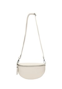 Strukturalna torba na ramię w teksturowanej białej skórze o zaokrąglonym kształcie. Posiada górne zapięcie na zamek błyskawiczny oraz odczepiany pasek.