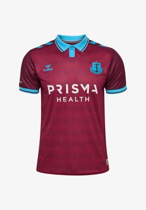 Vinrød sportstrøje med lyseblå krave og ærmekant, diamantmønster, "PRISMA HEALTH" sponsor, Hummel-logo og holdslogo på brystet.