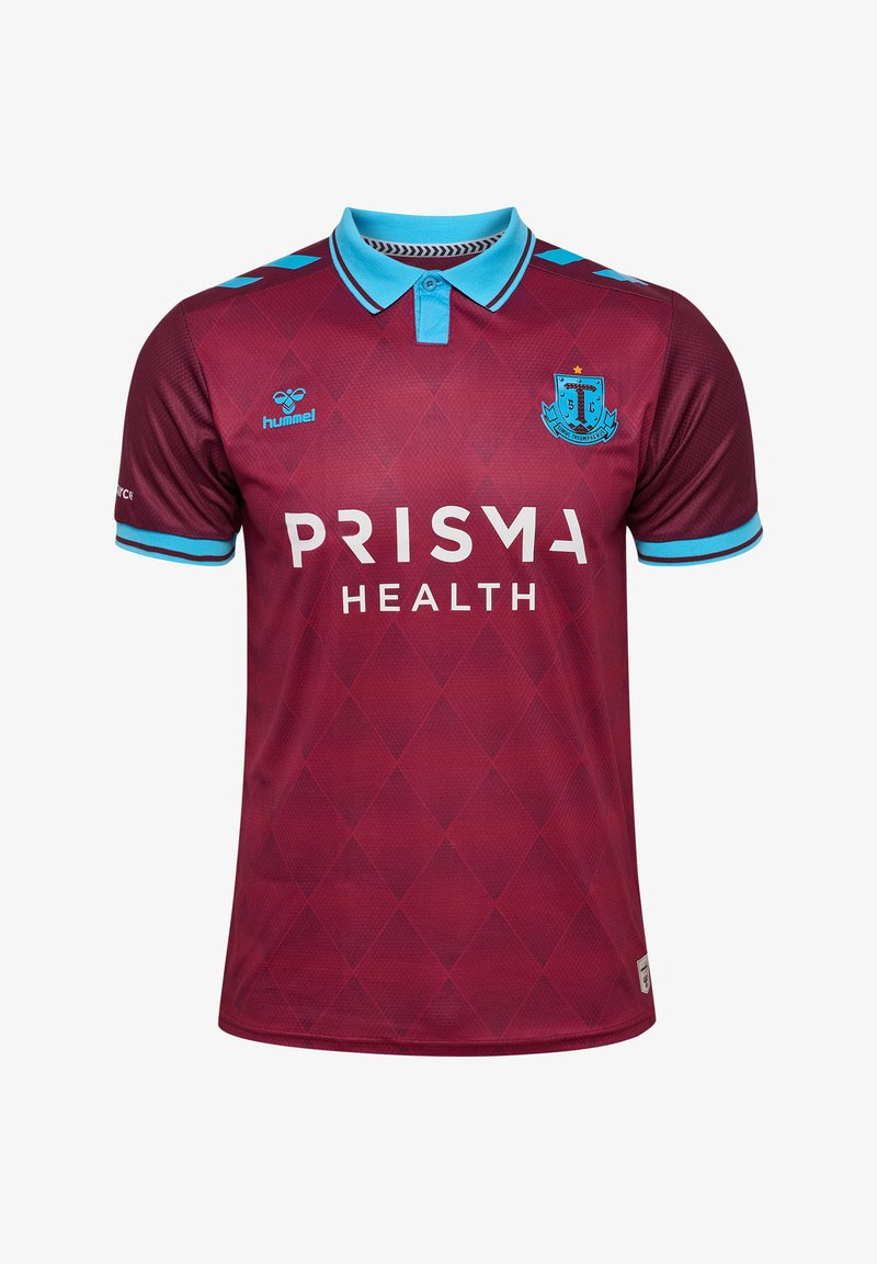 Vinrød sportstrøje med lyseblå krave og ærmekant, diamantmønster, "PRISMA HEALTH" sponsor, Hummel-logo og holdslogo på brystet.