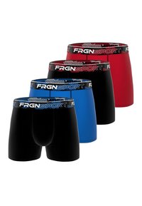 Quatre paires de boxers FRGNSPORT en noir, bleu et rouge, dotés de ceintures élastiques avec accents de logo et d'un tissu lisse et extensible.