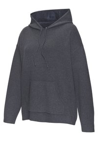 Dunkelgrauer Hoodie mit einer vorderen Tasche, Zugbändern und gerippten Bündchen. Aus weichem Stoff gefertigt, bietet er eine lockere Passform und eine gefütterte Kapuze.