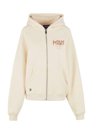 Kreminė su gobtuvu zip-up sportinė palaidinė, su priekinėmis kišenėmis, raštuotais rankovėmis ir oranžiniu siuvinėjimu. Pagaminta iš švelnios, tekstūruotos medžiagos.