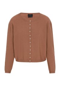 Hnědý kardigan vyrobený z měkké pleteniny, s kulatým výstřihem, dlouhými rukávy a knoflíky podobnými perlám na přední straně.