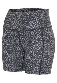 Hoch taillierte Sportshorts mit einem schwarz-grauen Leopardenmuster, glatter Textur und verstärkten Nähten.