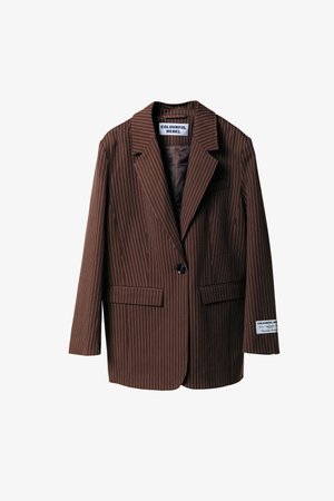 Brown pinstriped blazer with notched lapels, two front pockets, single button closure, and a label on the sleeve. Made from textured fabric.