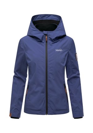 Kvinnors blå utomhusjacka med huva, framzipper, två zip-fickor samt logotyp på bröstet och ärmen mot vit bakgrund.