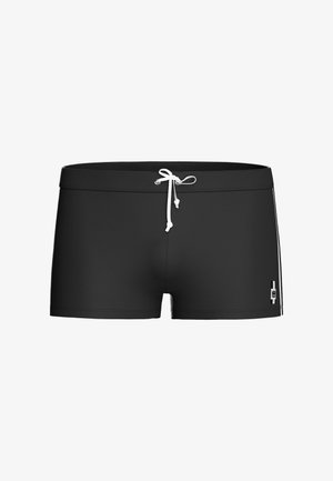 Miesten mustat uimashortsit, joissa valkoinen kiristysnauha ja pieni valkoinen logo vasemman jalan puolella, valkoisella taustalla.