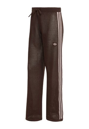 Braune Netz-Jogginghose mit pinken dreifachen Streifen an den Seiten, elastischem Bund mit Kordelzug und Adidas-Trefoil-Logo am linken Oberschenkel.