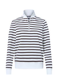 Długi sweter z długim rękawem, wykonany z miękkiego materiału, z wysokim kołnierzem, zamkiem błyskawicznym oraz poziomymi brązowymi i białymi paskami. Rzędy ściągaczy przy mankietach i dolnej krawędzi.