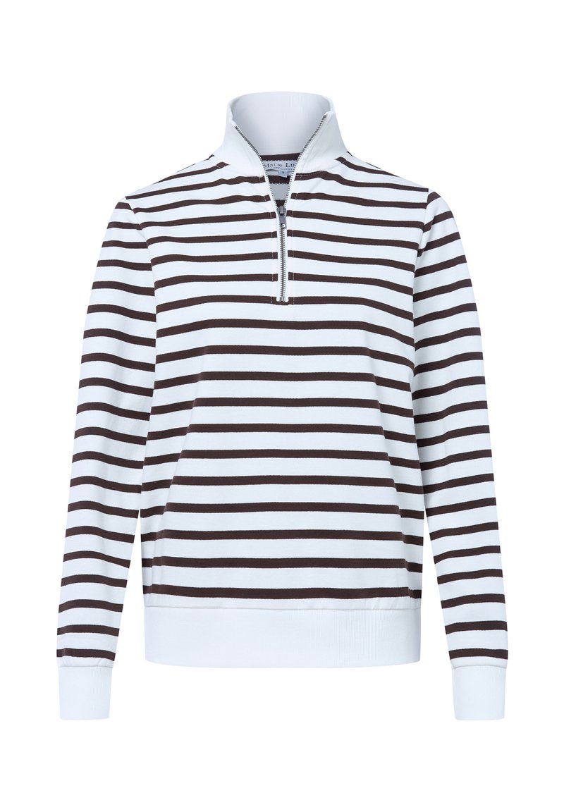 Długi sweter z długim rękawem, wykonany z miękkiego materiału, z wysokim kołnierzem, zamkiem błyskawicznym oraz poziomymi brązowymi i białymi paskami. Rzędy ściągaczy przy mankietach i dolnej krawędzi.