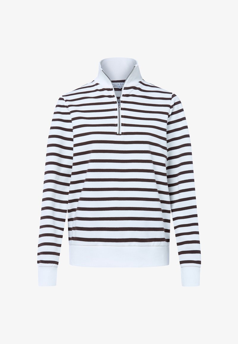 Długi sweter z długim rękawem, wykonany z miękkiego materiału, z wysokim kołnierzem, zamkiem błyskawicznym oraz poziomymi brązowymi i białymi paskami. Rzędy ściągaczy przy mankietach i dolnej krawędzi.