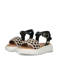 Zwarte en beige geweven sandalen met een dikke witte zool, voorzien van een gemarmerde band en een verstelbare gesp voor een veilige pasvorm.