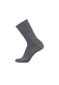 Gray cotton sock with a ribbed cuff and subtle texture. Features printed logo in dark lettering near the ankle area.