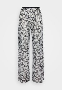 Pantaloni trasparenti neri a fiori con design a gamba larga, con fiori bianchi sparsi. Vita elastica per il comfort.