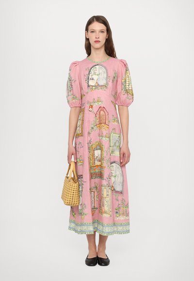 Pink cotton midi dress with puff sleeves, featuring colorful door illustrations and floral designs. Accompanied by a woven yellow handbag.