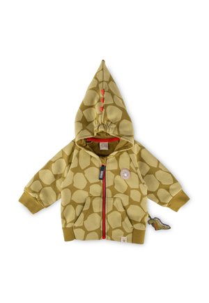 Olivgrüner Hoodie für Kleinkinder mit Giraffenfleckenmuster, orange Stoffstacheln an der Kapuze, Vordertaschen und einem kleinen Dinosaurierschwanz hinten.