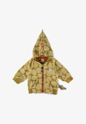 Olivgrüner Hoodie für Kleinkinder mit Giraffenfleckenmuster, orange Stoffstacheln an der Kapuze, Vordertaschen und einem kleinen Dinosaurierschwanz hinten.