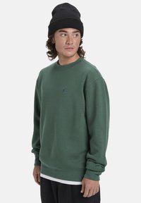 Green sweatshirt in a soft fabric, featuring a crew neck and ribbed cuffs. Small logo on the chest and layered with a white shirt underneath.