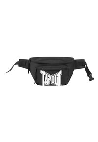 Marsupio nero realizzato in tessuto resistente, con una tasca frontale con zip e un evidente logo "TAPOUT" bianco. Include una tracolla regolabile.