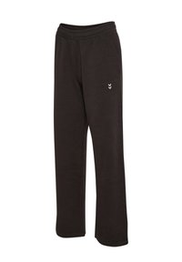 Pantalons de survêtement en coton noir avec une taille élastique, jambes droites et un petit logo sur le côté gauche. Texture douce et coupe décontractée.