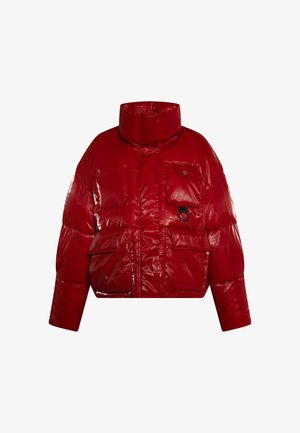 Red padded jacket with a high collar, glossy finish, four front pockets, and a cropped design. Features snap hardware detailing.