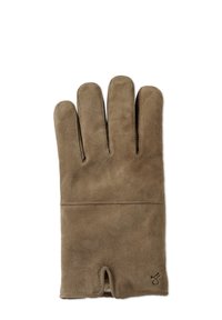 Brun läderhandske med fem fingrar, slät yta och dekorativ sömnad med en liten logotyp vid handledsområdet.